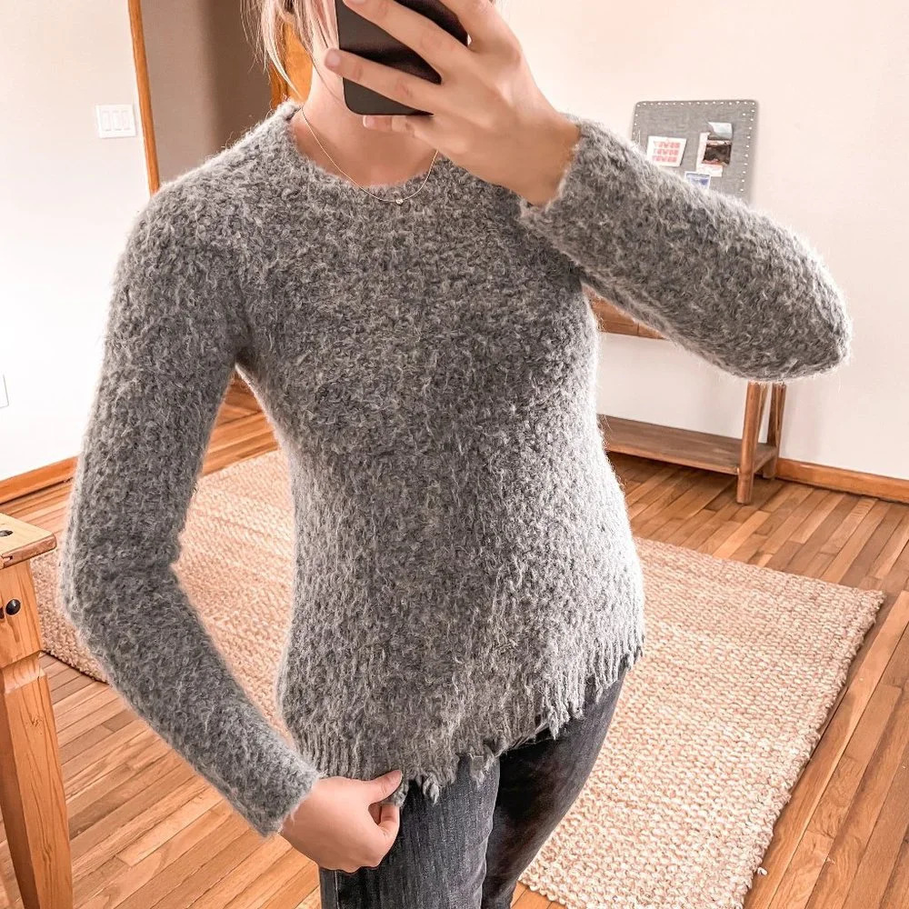 ATM Alpaca Wool Blend Gray Crew Neck Distressed Designer Sweater XS